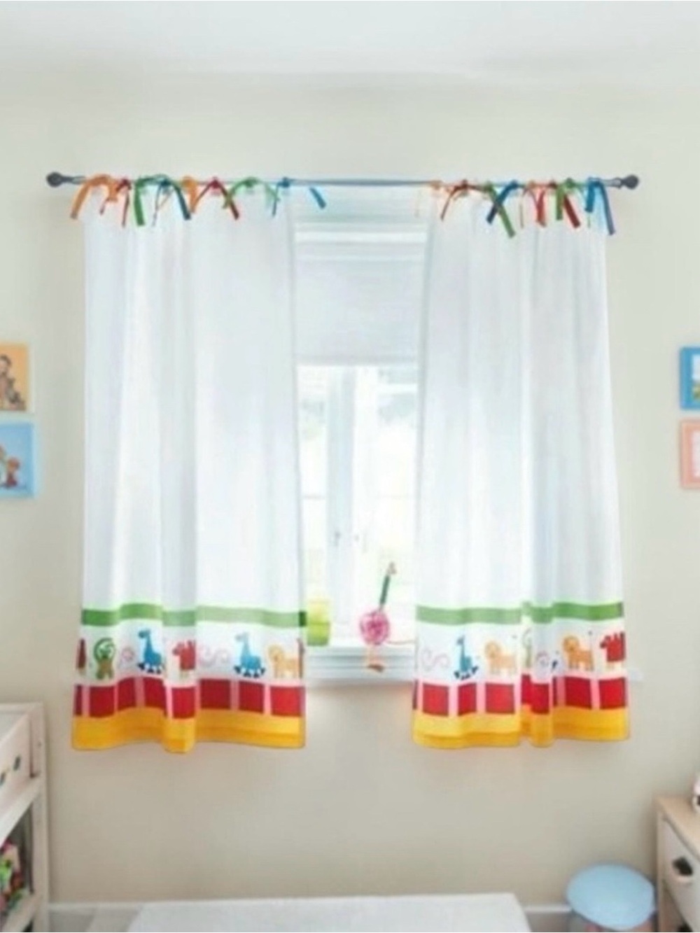 IKEA COTTON BARNSLIG DJUR KIDS  ANIMAL CURTAINS PAIR 47" X 69" TAB TIES WHITE